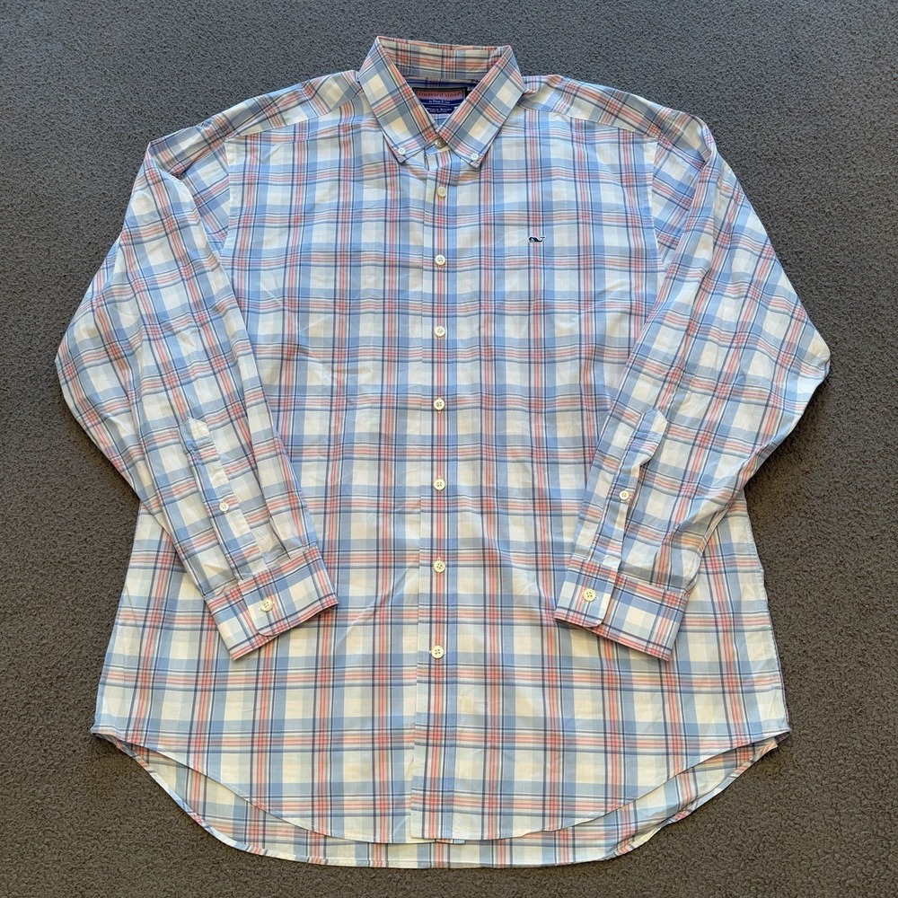 Vineyard Vines Whale Shirt Button Up Long Sleeve Blue Pink Plaid Men's Large